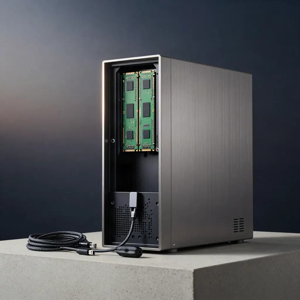 Low-angle rack server chassis with open bay, SSD sleds, cables, USB stick, and hex driver.