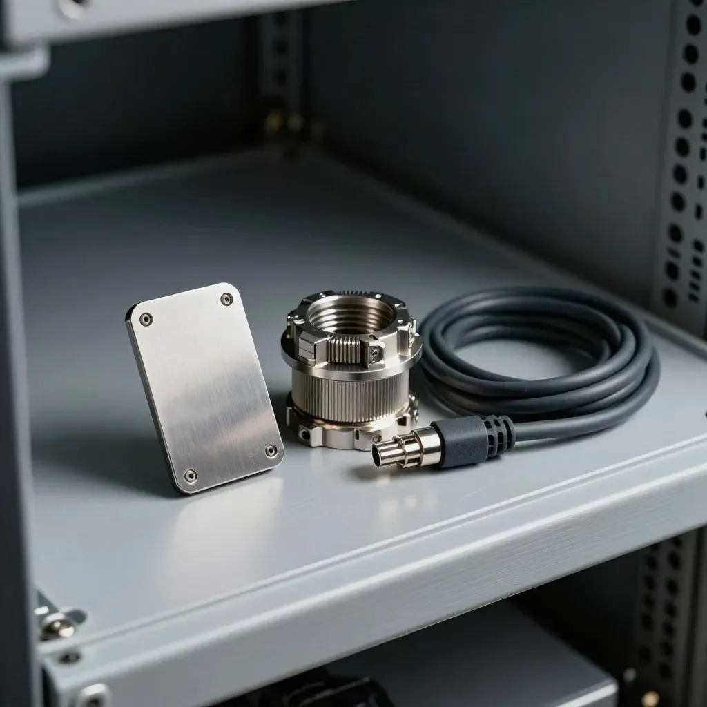 Cloud operations still life with a blank metal token, cable gland, and dark patch cable on brushed steel.