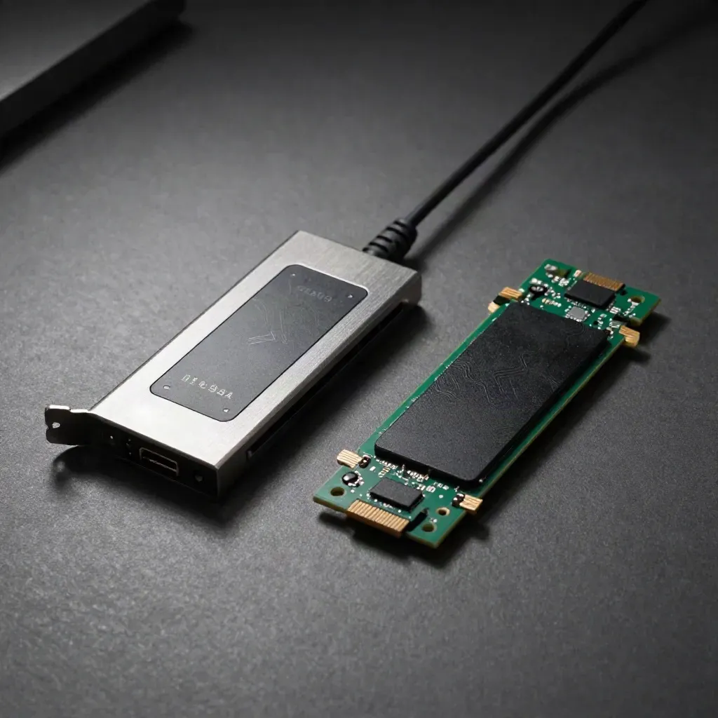 Two storage adapters, cable, and bracket on graphite surface with dramatic light.