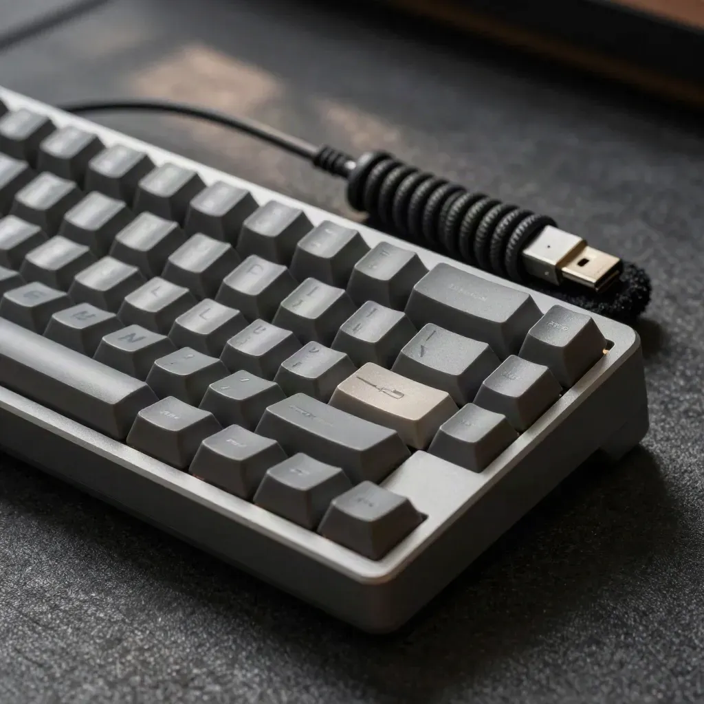 Macro of a compact keyboard cluster, braided USB cable and adapter on charcoal felt.