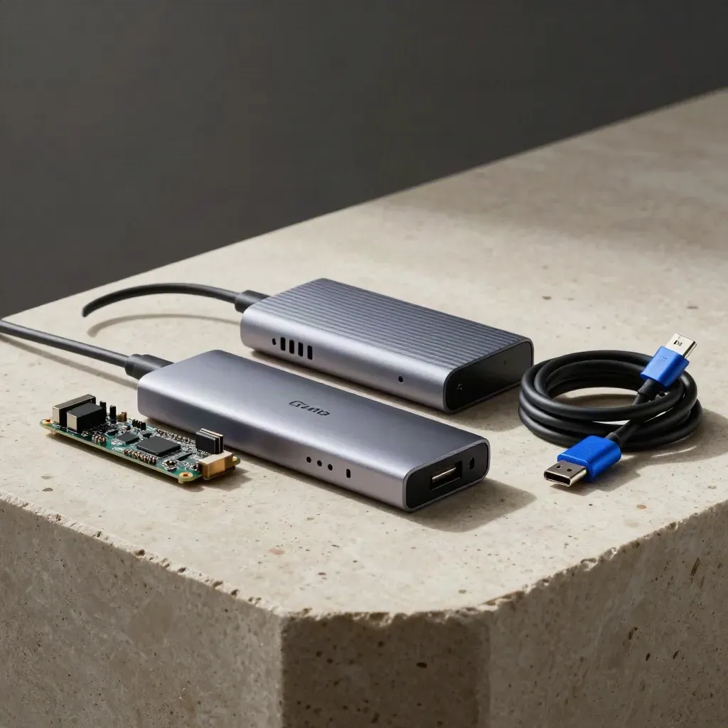 USB-C hub, SSD enclosure, single-board computer and coiled cable on pale stone, lit dramatically.