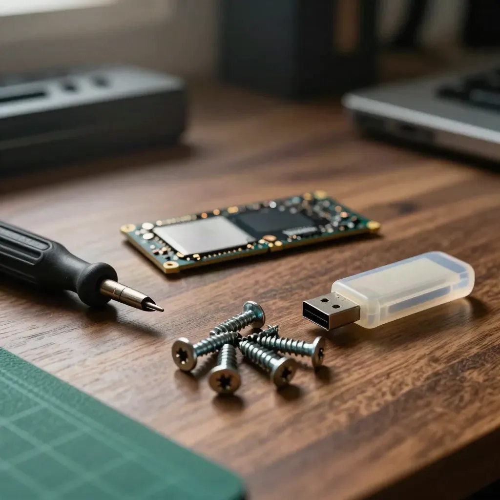Ubuntu repair still life with SSD, Torx driver, USB stick, and screws on walnut