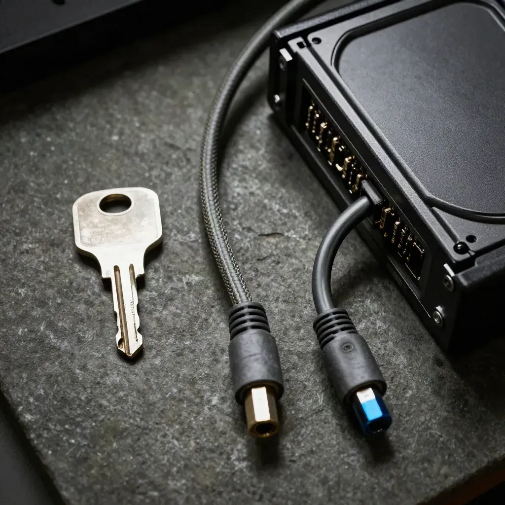 Macro still life of a rack key, patch cable and blank caddy on dark stone
