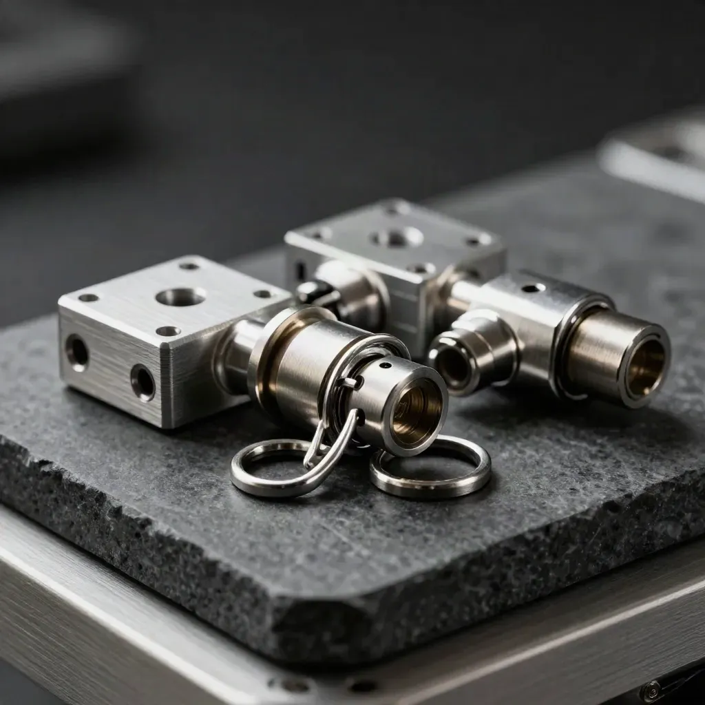 Machined aluminum connectors and rings on graphite stone, lit dramatically