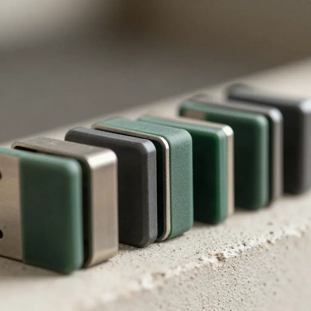Macro still life of cable clips, metal blocks, and a connector bridge on pale concrete.