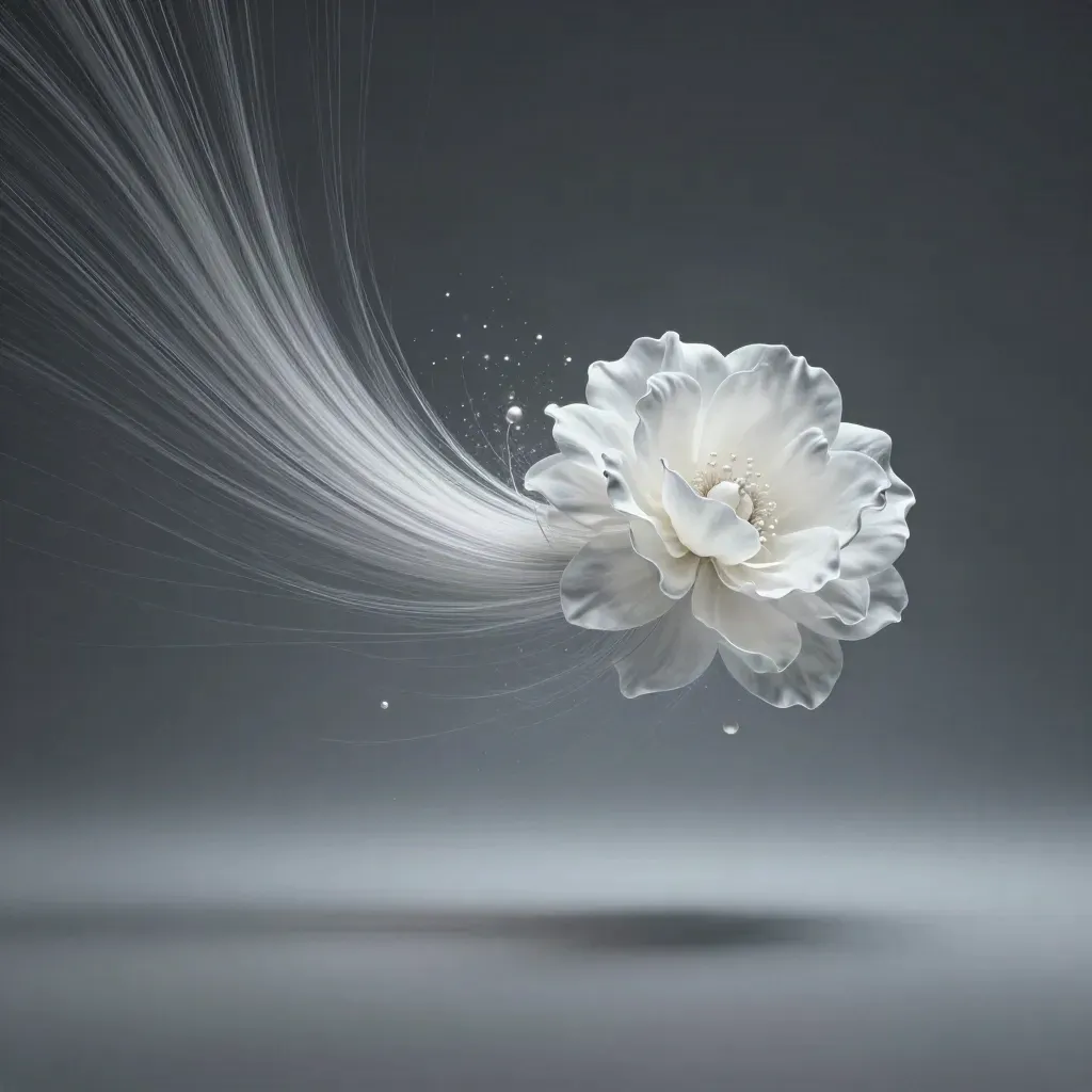 Silver light filaments bloom in graphite haze, leaving calm space for headline copy.