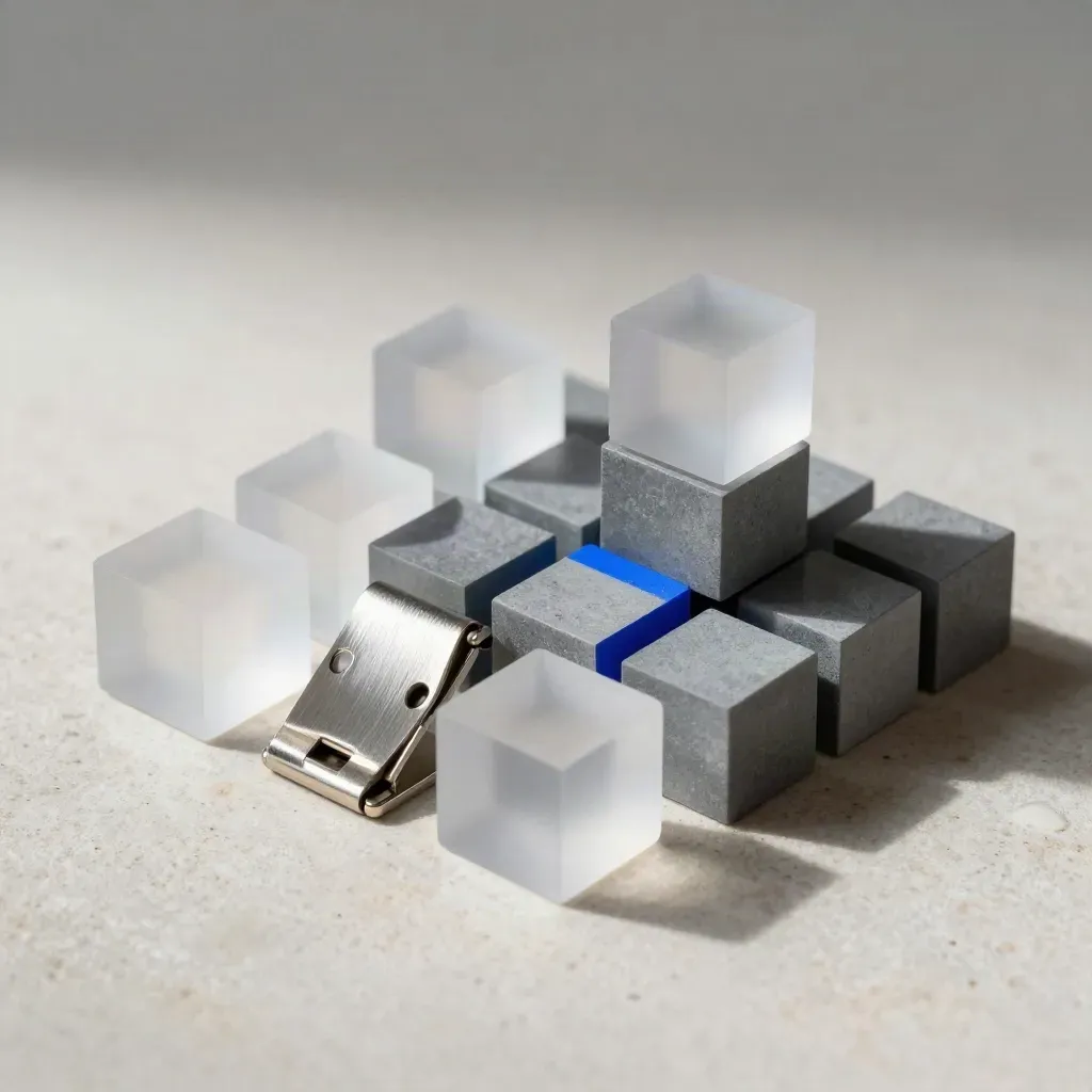 Overhead still life of frosted acrylic cubes, a metal hinge, and modular blocks on pale stone.