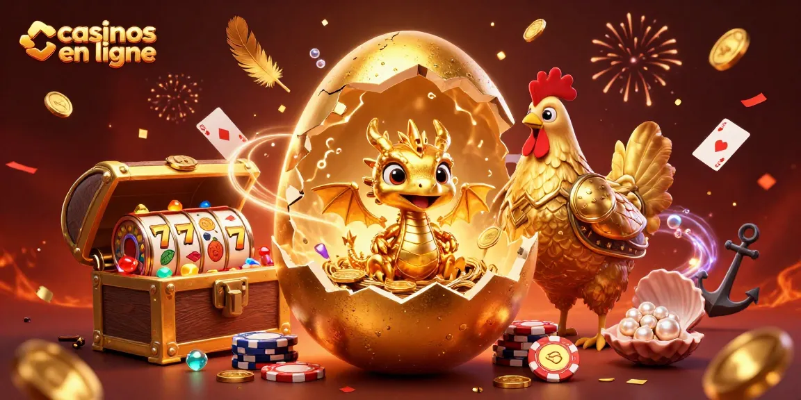 Les casinos en ligne affichent un dragon d'or sur un tas de jetons, entouré de roues de machines à sous et de cartes flottantes.