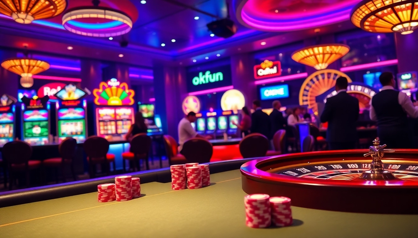 Exciting okfun casino scene with vibrant games, poker tables, and slot machines.