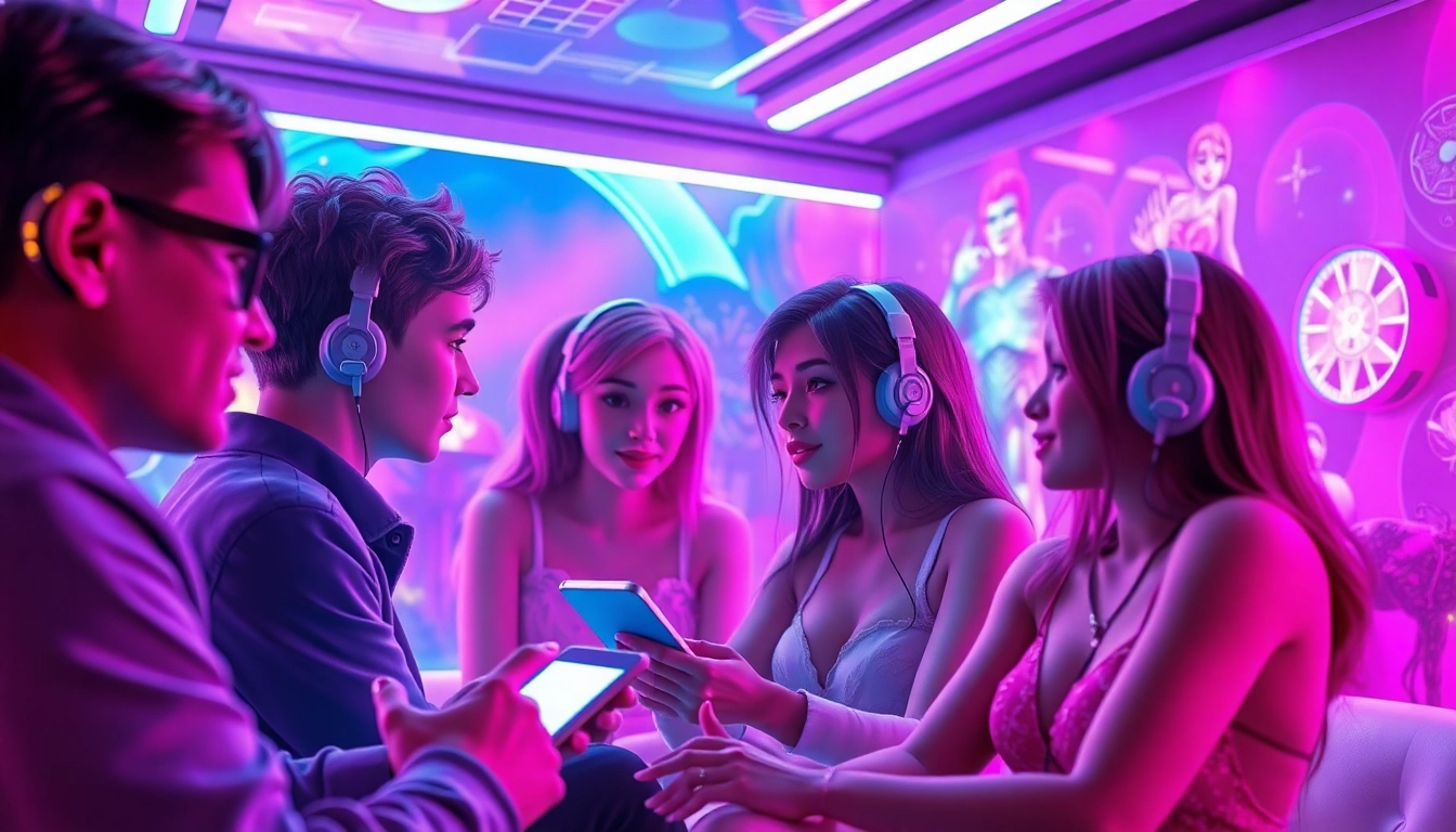 NSFW AI interactive chatroom with vibrant avatars and digital devices.