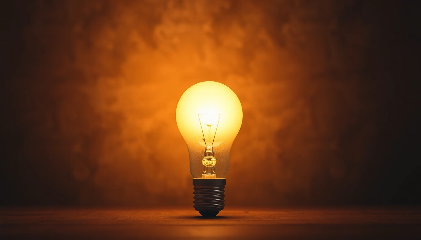 What is an A19 light bulb radiating warm light in a minimalist setting.