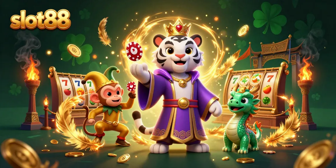 Experience thrilling gameplay at slot88 with a luxurious tiger mascot, playful monkey, and jade dragon.