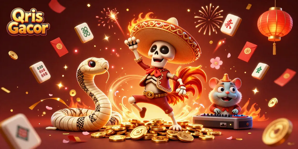 Qris Gacor celebrates with a festive 3D illustration of characters amidst gaming elements and confetti.
