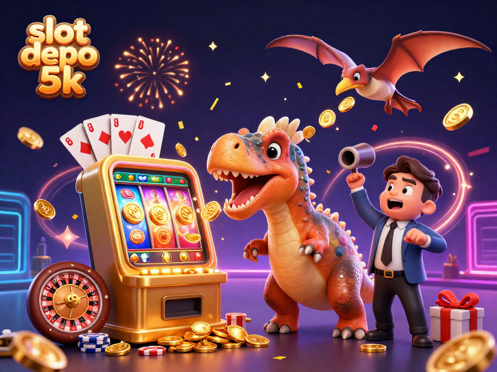 Experience thrilling wins at slot depo 5k with colorful slot games, golden coins, and vibrant casino action.