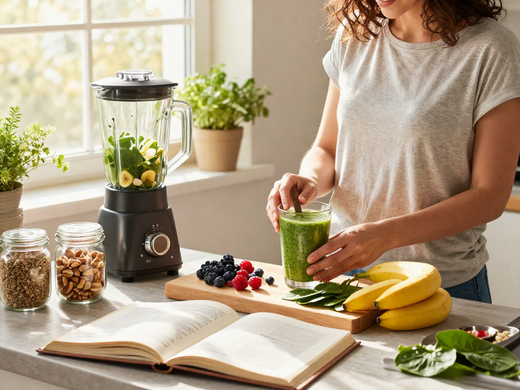 Woman preparing a smoothie with natural antioxidant supplements in a bright kitchen.