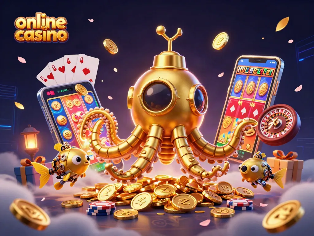 Juega en un emocionante casino en línea con un kraken de oro y monedas brillantes.