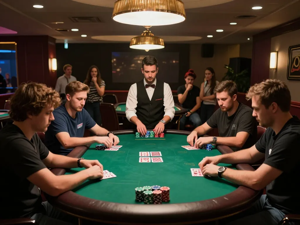 Engaged players at a poker table in a hidden wiki tor environment, showcasing strategic gameplay and tension.