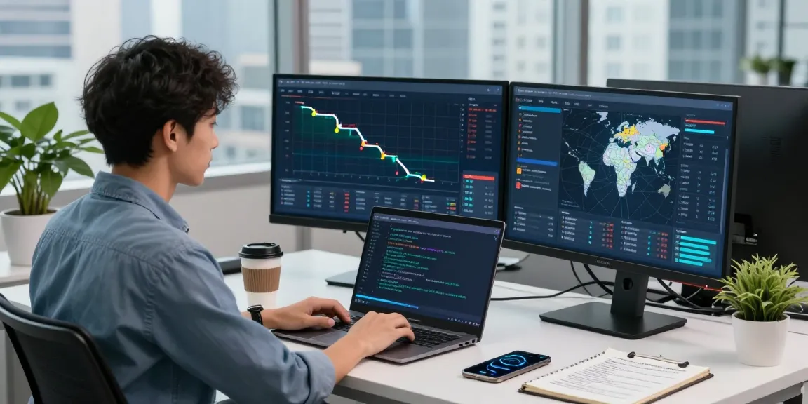 Cybersecurity analyst monitoring threats at https://shs-dome5.com/ in a modern security operations center with multiple screens.