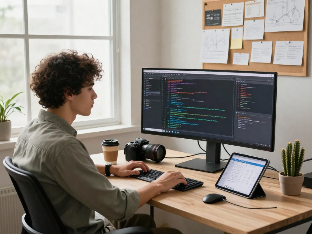 Developer coding in a bright workspace with crushonai interface and project management tools.