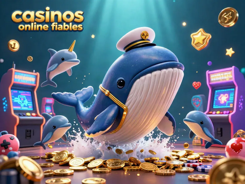 El arte 3D muestra casinos online fiables con un ballena capitán, un narval dorado y delfines con fichas.