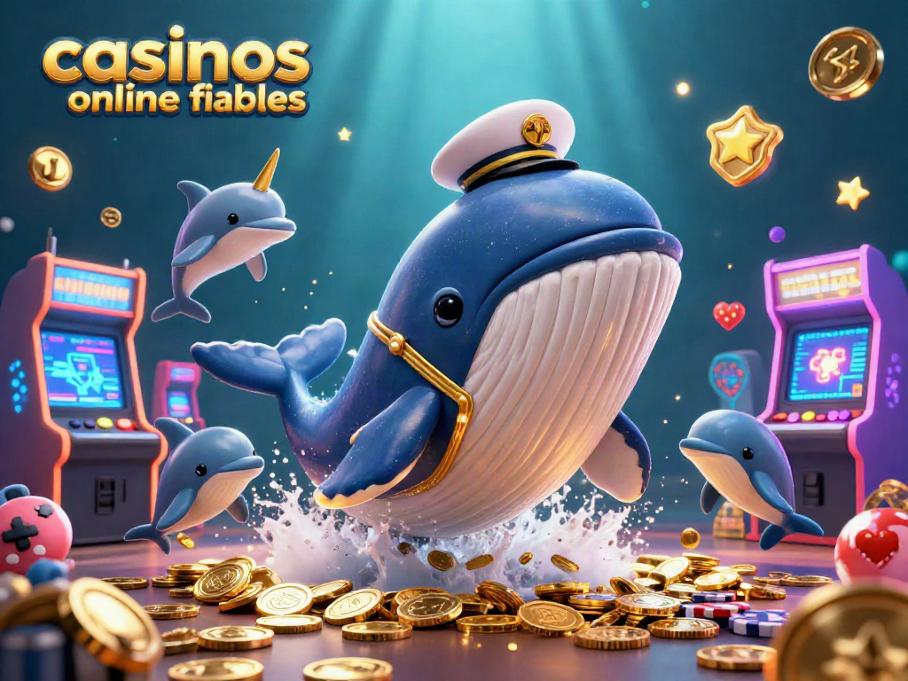El arte 3D muestra casinos online fiables con un ballena capitán, un narval dorado y delfines con fichas.