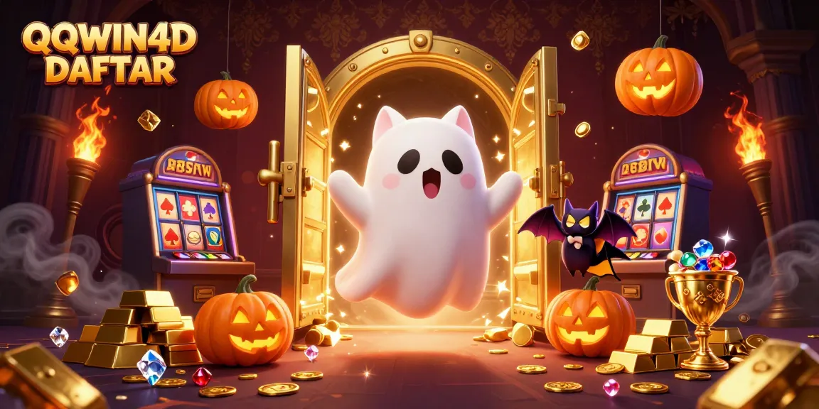 Gamer menguji keberuntungan di QQWIN4D DAFTAR sambil dikelilingi harta karun emas dan karakter kartun menawan.