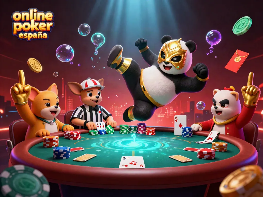 Juega al póker online en España con esta dinámica escena de animación de personajes emocionantes.