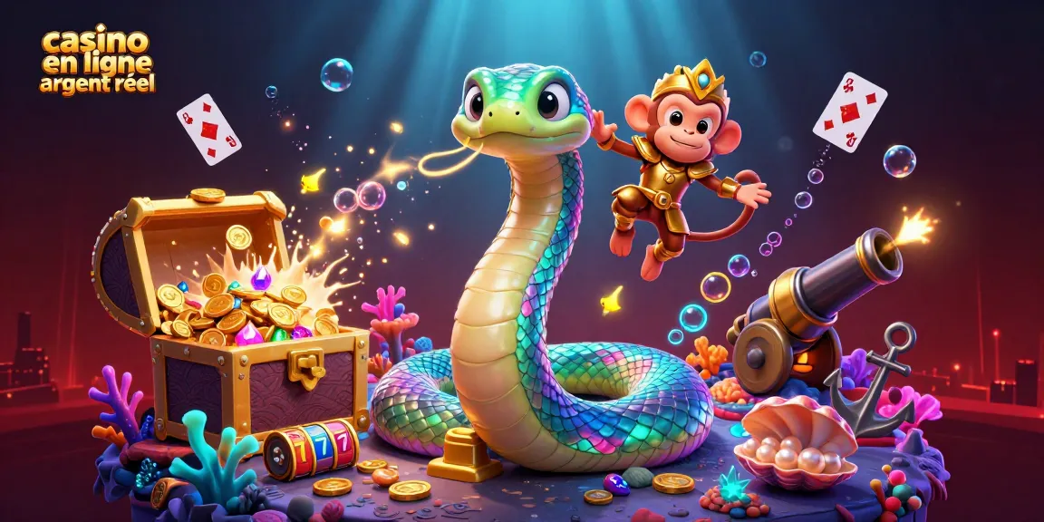 Embarquez avec le serpent arc-en-ciel au casino en ligne argent réel, entouré de trésors éclatants.