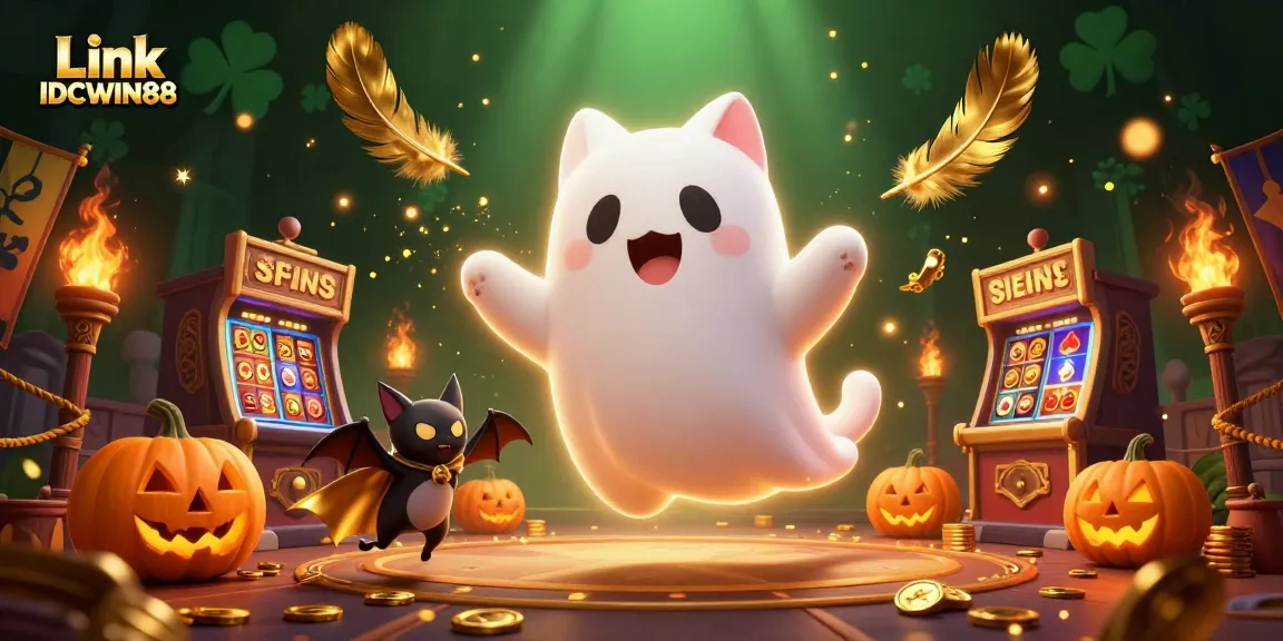 Spin the reels at Link IDCWIN88 with a lively ghost cat in a haunted casino scene filled with glowing poker elements.