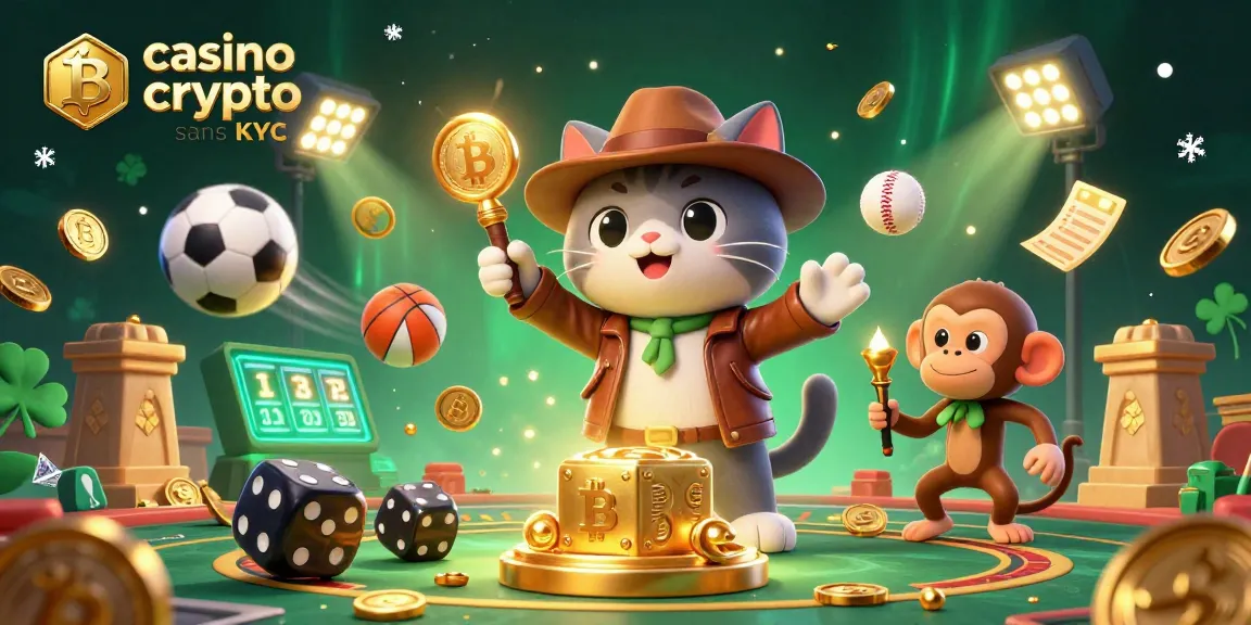 Illustration dynamique d'un chat explorateur découvrant un artefact de casino crypto sans KYC en pleine aventure.