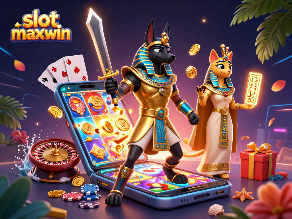 Experience the thrill of slot maxwin with 3D Anubis and Bastet amidst vibrant casino elements.