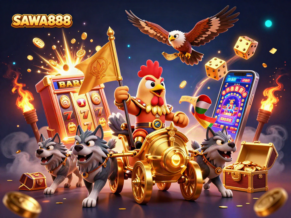Experience thrilling jackpots with SAWA888 in a vibrant, dynamic casino illustration.