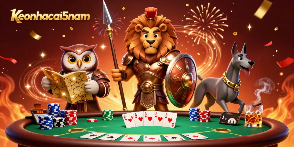 Engage with keonhacai5nam in a vibrant cartoon casino scene featuring a lion, owl, and greyhound.