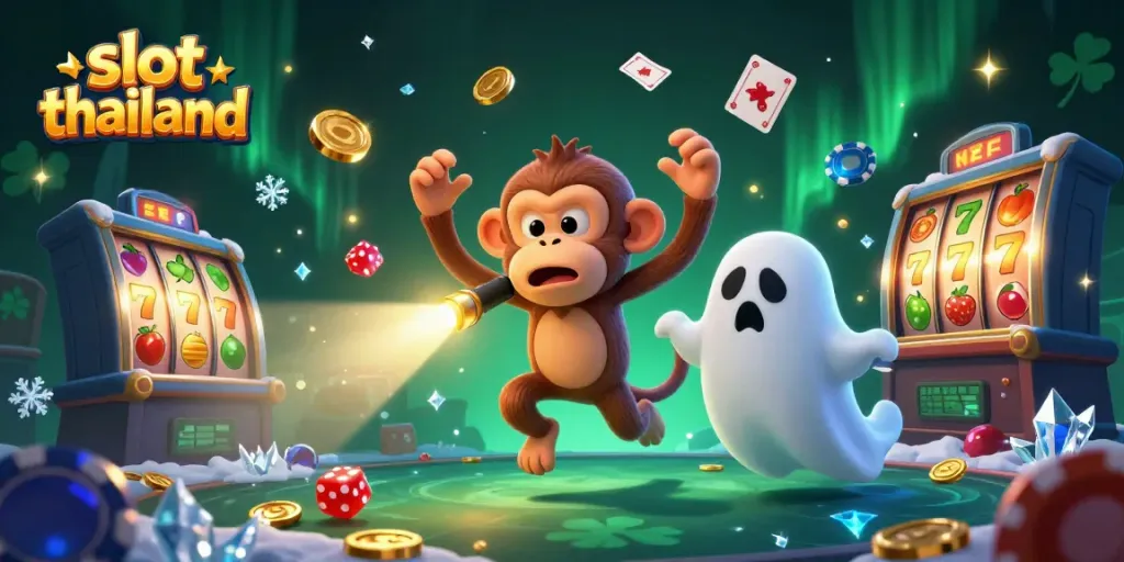 Engaging illustration of slot thailand with a mischievous monkey and ghost-hunter puppy in a bustling casino atmosphere.