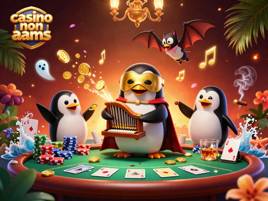 Giocando a casino non AAMS con un pinguino in maschera d'oro tra giochi di carte e gettoni colorati.