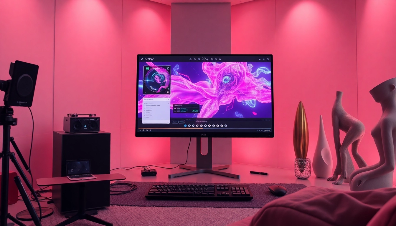 AI NSFW image generator displayed in a modern artist's studio with vibrant digital art.
