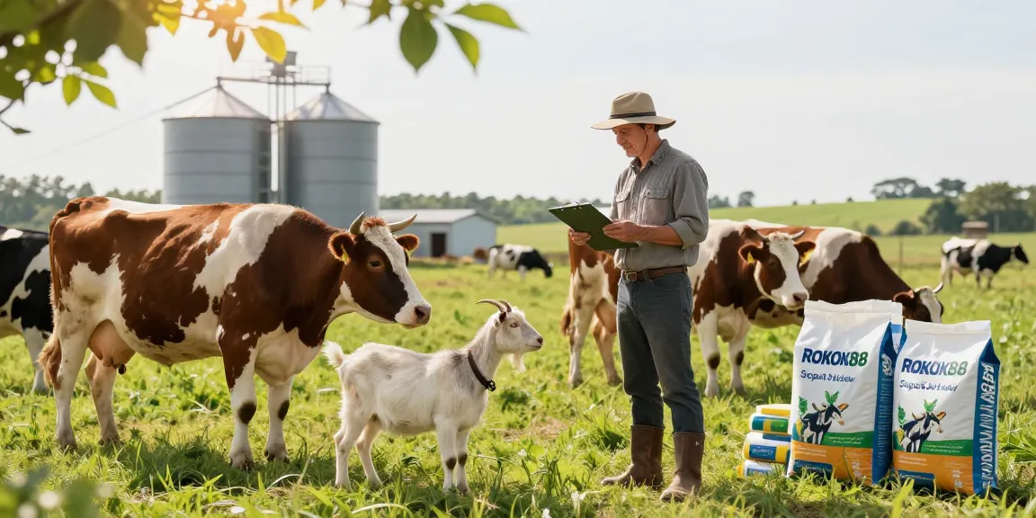 Farmer inspecting livestock with ROKOK88 Super animal feed, highlighting quality nutrition.