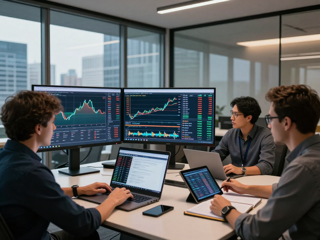 Dynamic trading team analyzing the platinum live price API and market trends in a modern office.