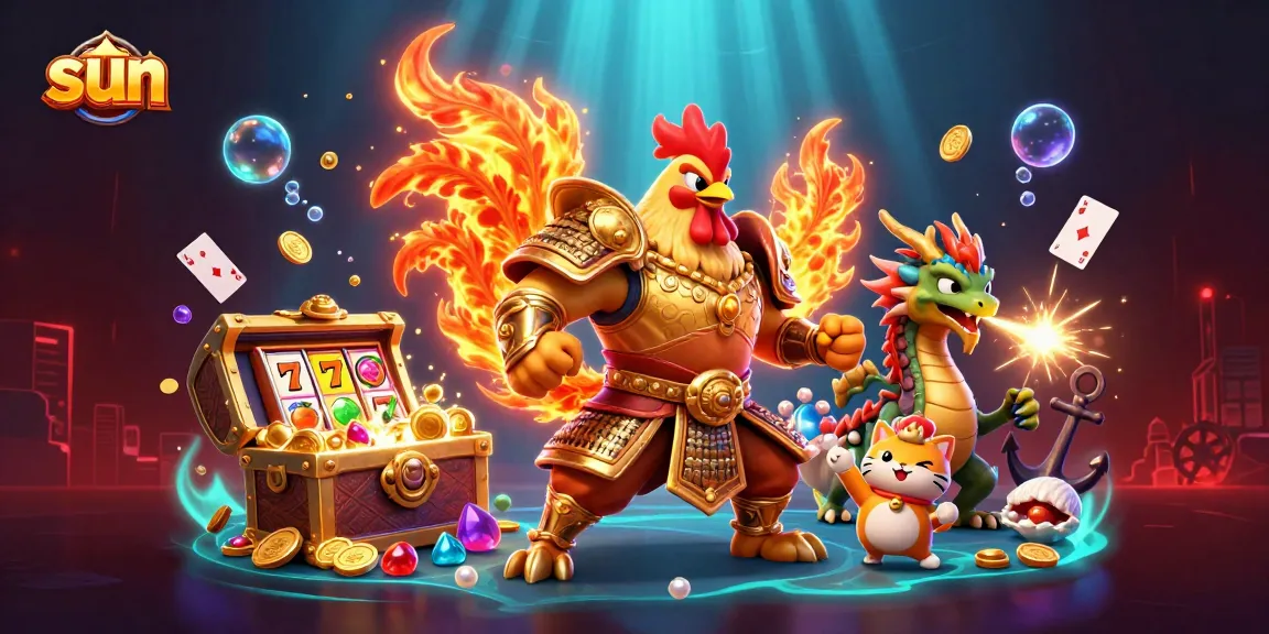 Engage with thrilling casino action as the sun shines on vibrant slot games and animated characters.
