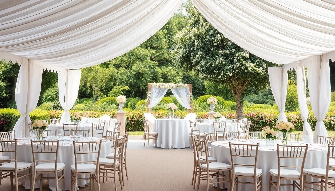 Experience exquisite Wedding Tent Chair & Table Rentals in a beautifully arranged outdoor setting.