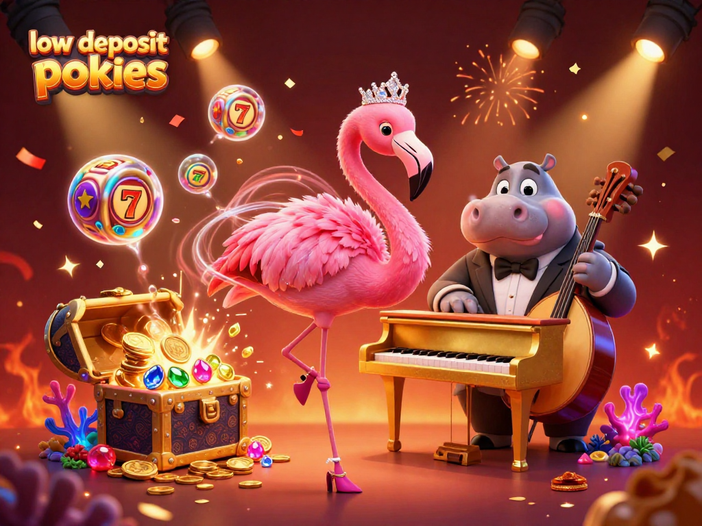Experience low deposit pokies with colorful slot reels and lively characters in a festive setting.