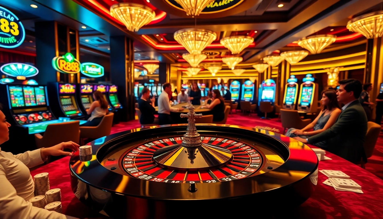 Players engaging at a luxurious casino table featuring RR88-themed poker chips and vibrant slot machines.
