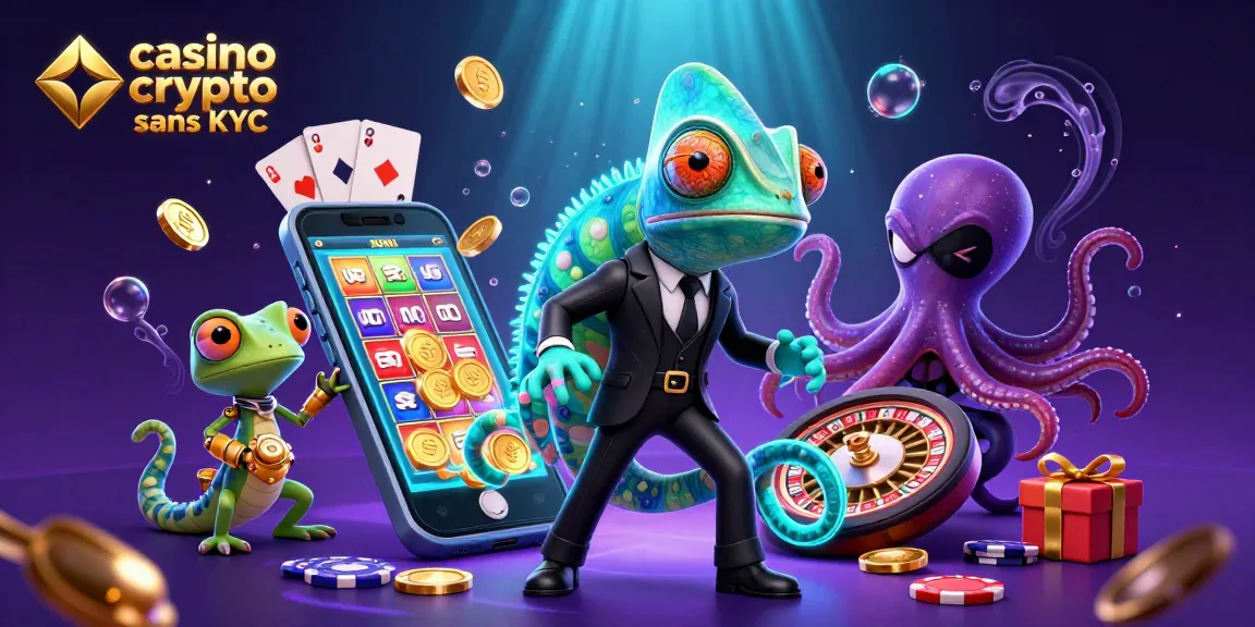 Jouez au casino crypto sans KYC avec une illustration animée de partenaires ludiques en action.