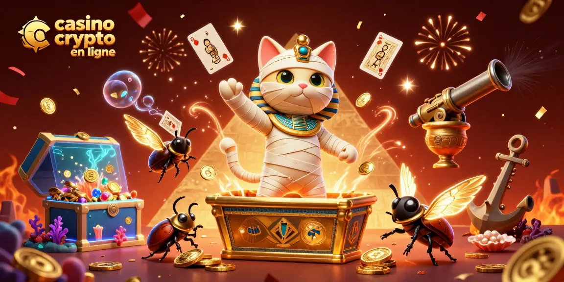 Illustration captivante d'un casino crypto en ligne avec un chat momie égyptien et des éléments de jeu