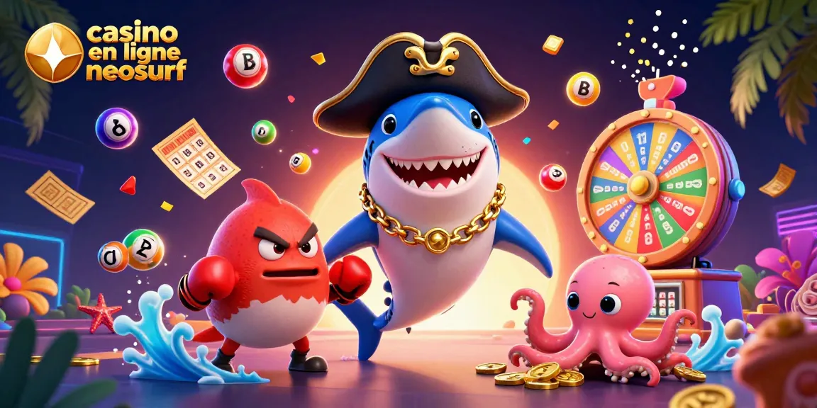 Jouer dans un casino en ligne neosurf avec le sourire d'une requin pirate et des éléments de loterie colorés.