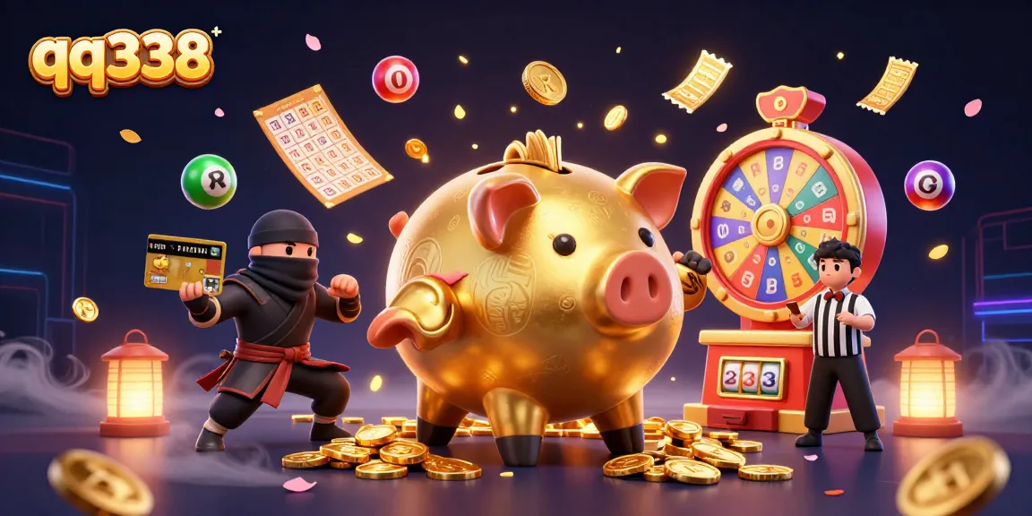 qq338 showcases a dynamic gaming battle scene with vibrant characters and lottery elements.