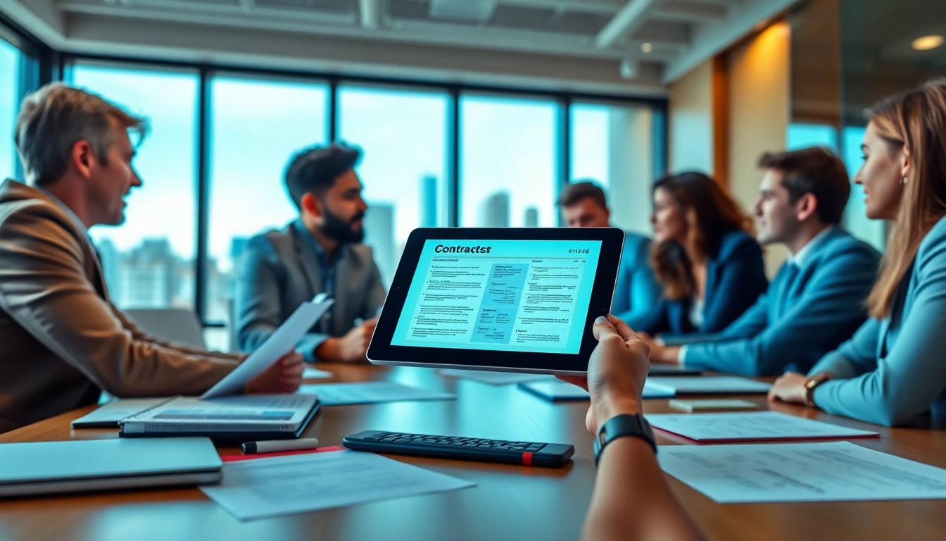 Individuals engaged in Contract Management discussions around a digital tablet in a bright office setting.