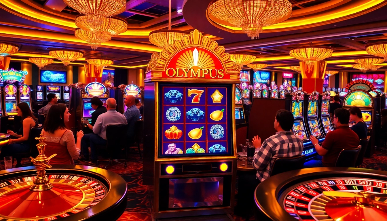 Pemain yang antusias menikmati mesin slot Olympus di tengah cahaya terang kasino.