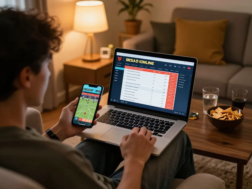Engaging in Bola Online sports betting from home with laptop and smartphone.