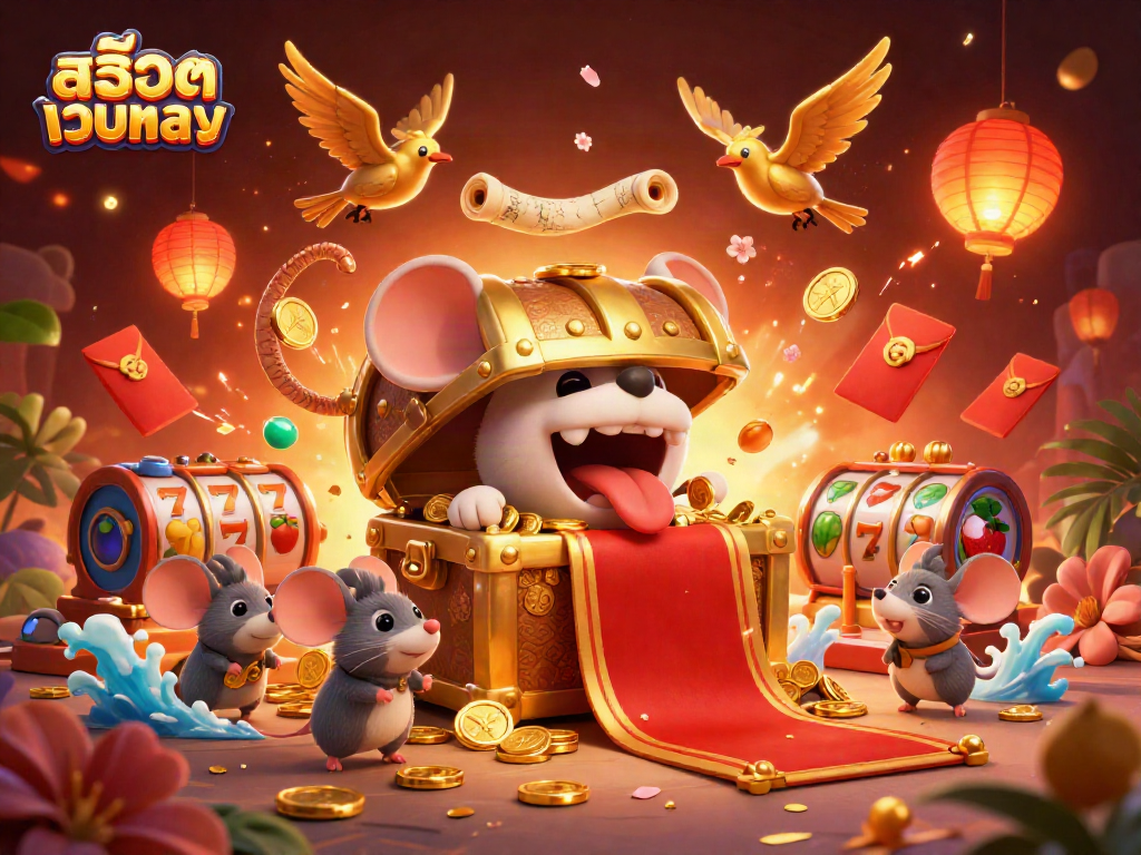 Engage with สล็อตเว็บตรง in an exciting 3D scene with a treasure chest and vibrant casino elements.